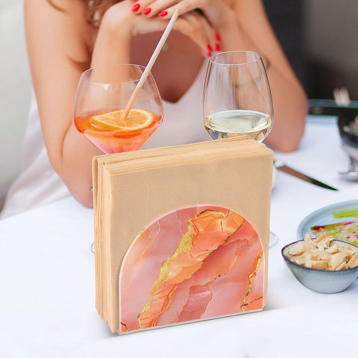 Acrylic Napkin Holder 2 Pack Holds 50-60 Napkins One-Piecing Molding Napkin Fit Kitchen & Dining Table Sturdy & durables Marble Peach Gold