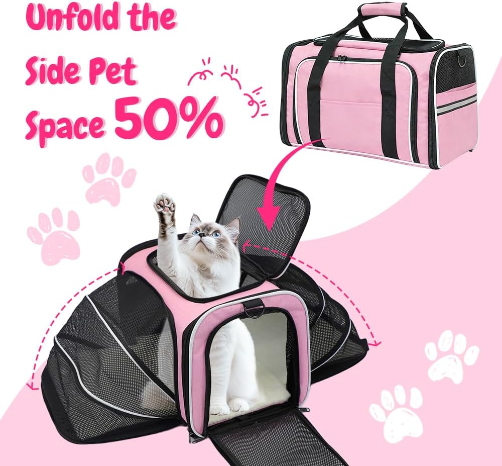 Double Expandable Cat Carrier,Airline Approved Soft-Sided Pet Travel Carrier for Small Dogs Cats under 15 lbs,Waterproof 600D Oxford Fabric with Washable Replacement Liner,Odor-Free & Claw-Proof(Pink)