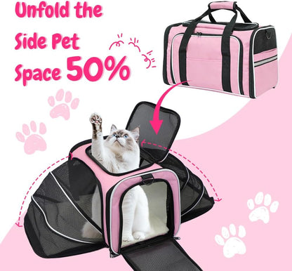 Double Expandable Cat Carrier,Airline Approved Soft-Sided Pet Travel Carrier for Small Dogs Cats under 15 lbs,Waterproof 600D Oxford Fabric with Washable Replacement Liner,Odor-Free & Claw-Proof(Pink)