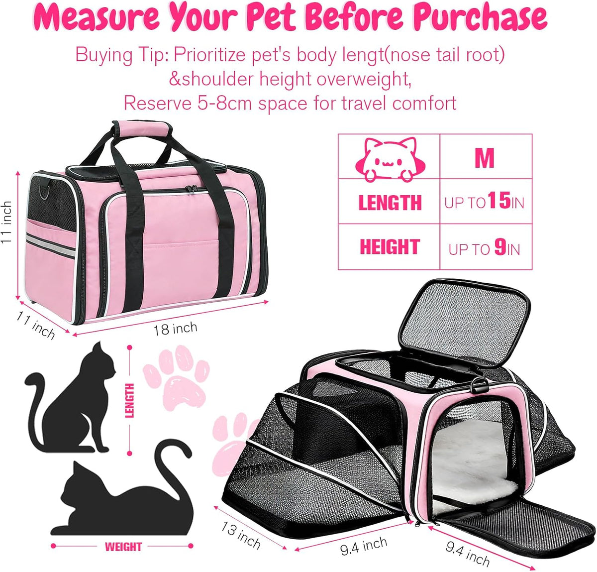 Double Expandable Cat Carrier,Airline Approved Soft-Sided Pet Travel Carrier for Small Dogs Cats under 15 lbs,Waterproof 600D Oxford Fabric with Washable Replacement Liner,Odor-Free & Claw-Proof(Pink)