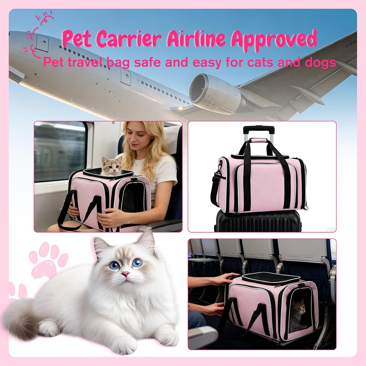 Double Expandable Cat Carrier,Airline Approved Soft-Sided Pet Travel Carrier for Small Dogs Cats under 15 lbs,Waterproof 600D Oxford Fabric with Washable Replacement Liner,Odor-Free & Claw-Proof(Pink)