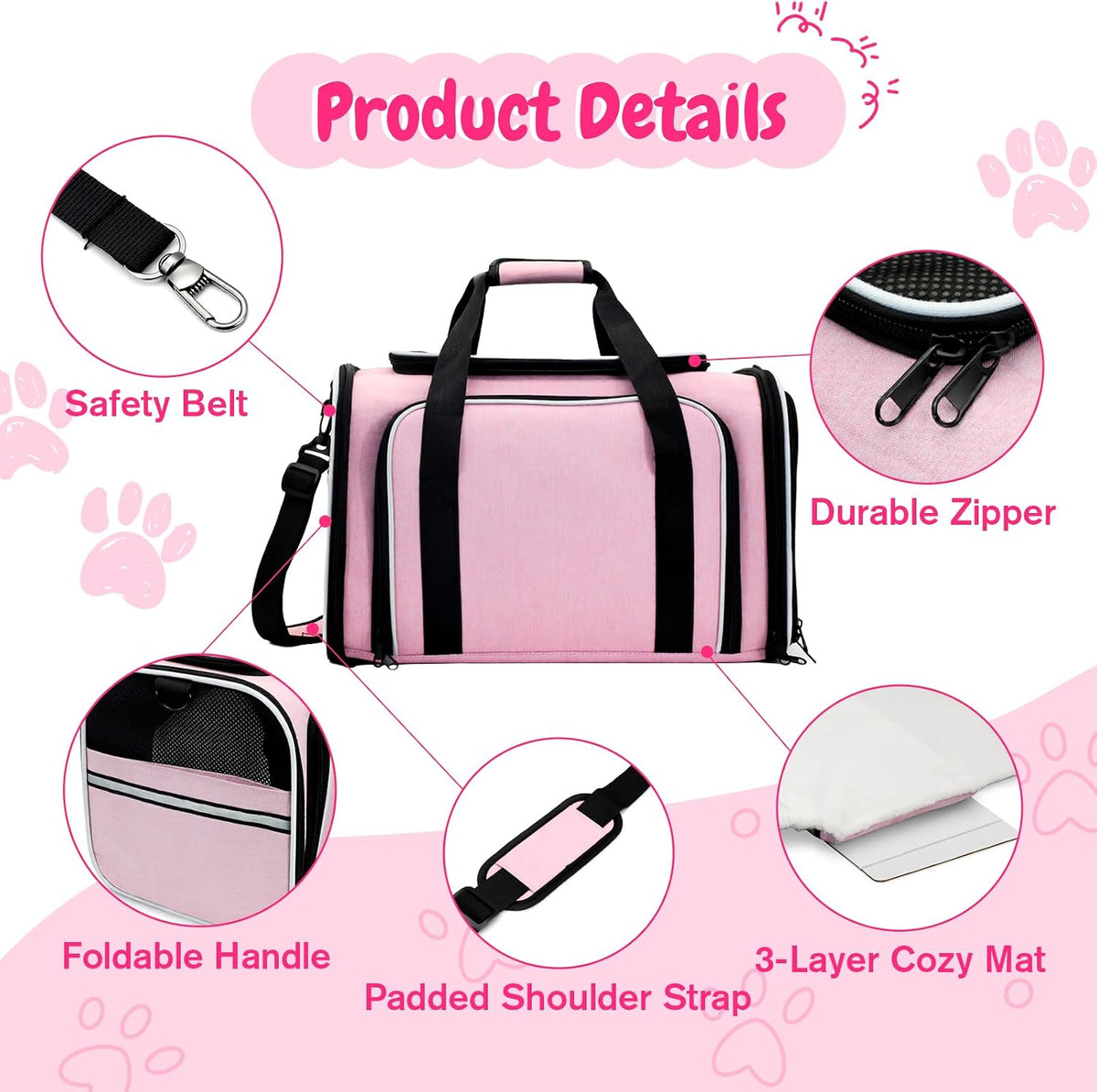 Double Expandable Cat Carrier,Airline Approved Soft-Sided Pet Travel Carrier for Small Dogs Cats under 15 lbs,Waterproof 600D Oxford Fabric with Washable Replacement Liner,Odor-Free & Claw-Proof(Pink)