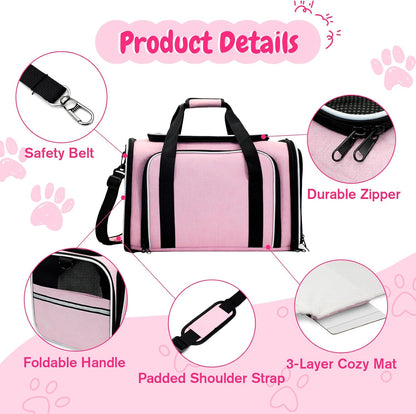 Double Expandable Cat Carrier,Airline Approved Soft-Sided Pet Travel Carrier for Small Dogs Cats under 15 lbs,Waterproof 600D Oxford Fabric with Washable Replacement Liner,Odor-Free & Claw-Proof(Pink)