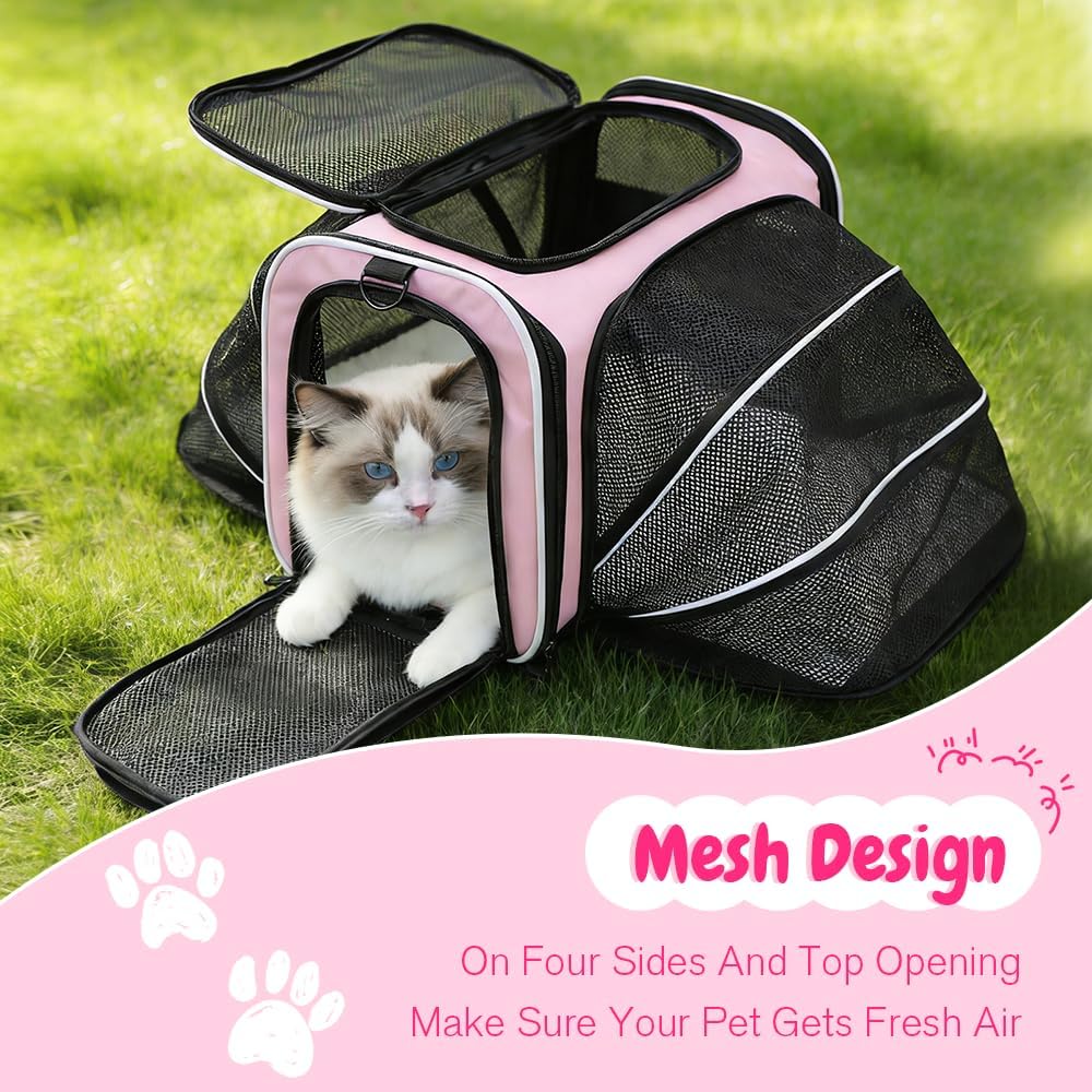 Double Expandable Cat Carrier,Airline Approved Soft-Sided Pet Travel Carrier for Small Dogs Cats under 15 lbs,Waterproof 600D Oxford Fabric with Washable Replacement Liner,Odor-Free & Claw-Proof(Pink)