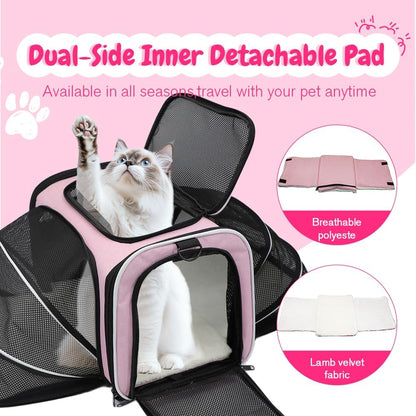 Double Expandable Cat Carrier,Airline Approved Soft-Sided Pet Travel Carrier for Small Dogs Cats under 15 lbs,Waterproof 600D Oxford Fabric with Washable Replacement Liner,Odor-Free & Claw-Proof(Pink)