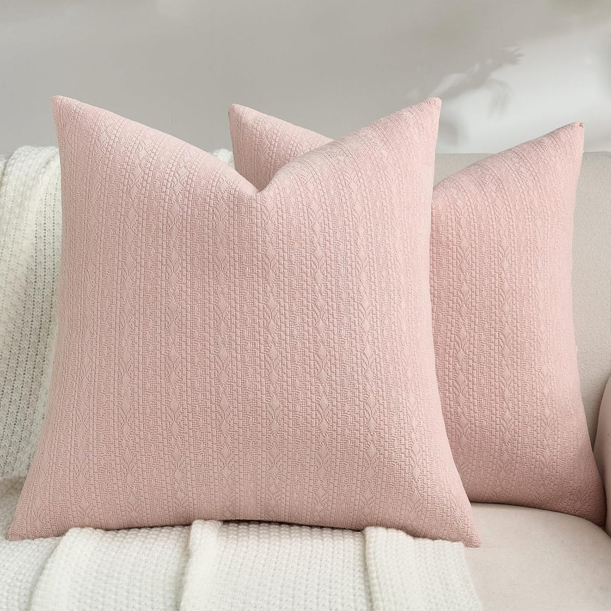 Pack of 2 Chenille Throw Pillow Covers 18x18 Inch, Pink