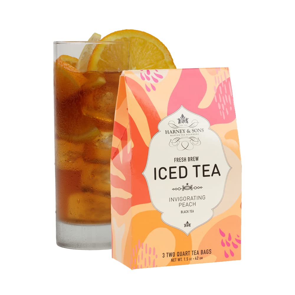 Harney & Sons Fresh Brew Peach Black Iced Tea, 3 Tea Bags | Black tea with natural peach flavor. 3 tea bags brew up to 6 quarts. Contains caffeine.