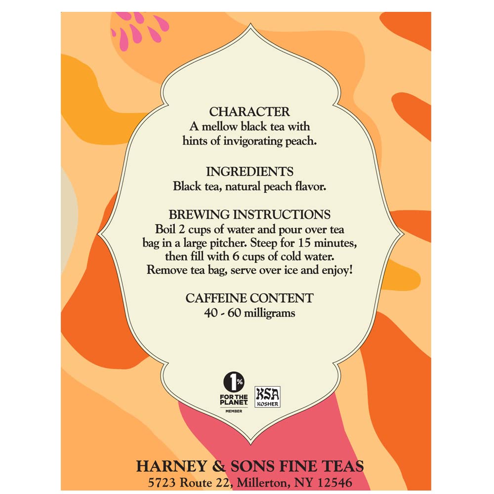 Harney & Sons Fresh Brew Peach Black Iced Tea, 3 Tea Bags | Black tea with natural peach flavor. 3 tea bags brew up to 6 quarts. Contains caffeine.