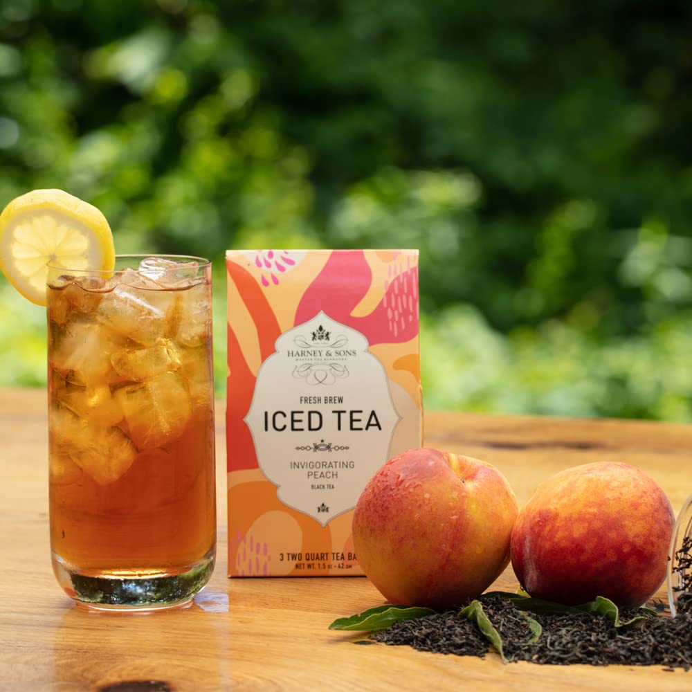Harney & Sons Fresh Brew Peach Black Iced Tea, 3 Tea Bags | Black tea with natural peach flavor. 3 tea bags brew up to 6 quarts. Contains caffeine.