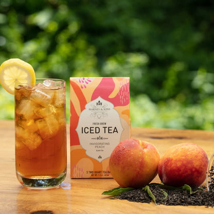 Harney & Sons Fresh Brew Peach Black Iced Tea, 3 Tea Bags | Black tea with natural peach flavor. 3 tea bags brew up to 6 quarts. Contains caffeine.