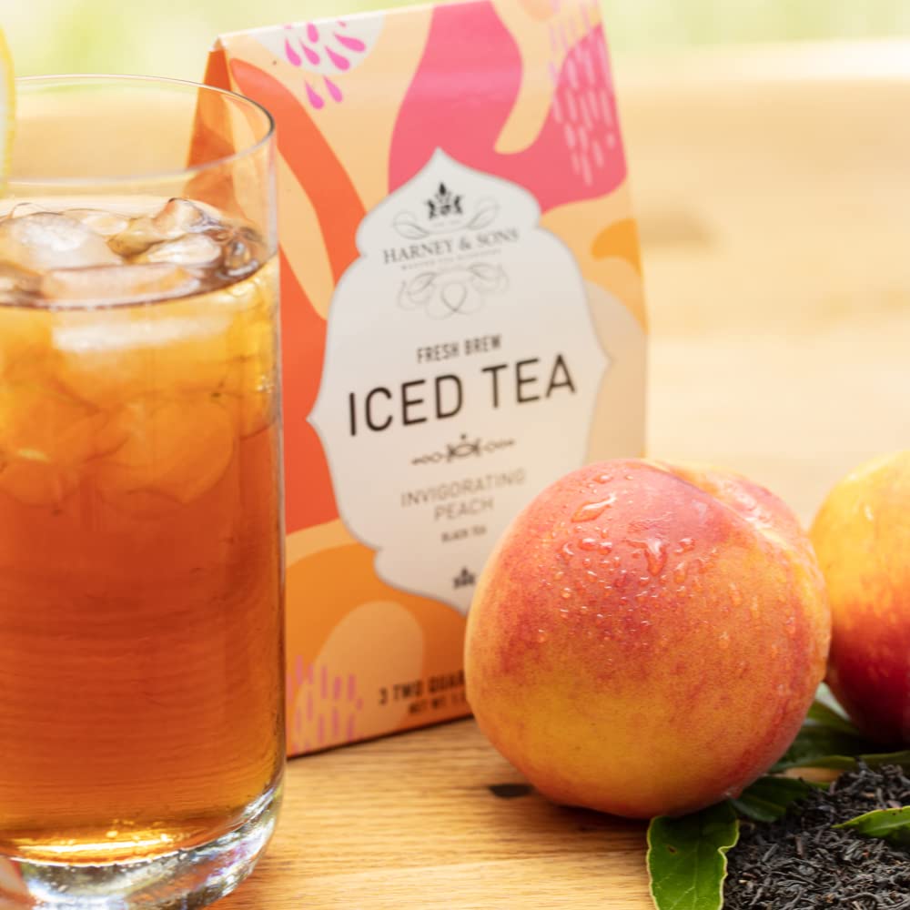 Harney & Sons Fresh Brew Peach Black Iced Tea, 3 Tea Bags | Black tea with natural peach flavor. 3 tea bags brew up to 6 quarts. Contains caffeine.