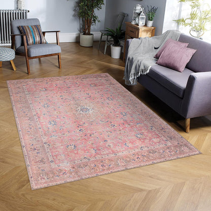 Washable Vintage Accent Rug 3x5, Non-Slip Pink Entryway Area Rug