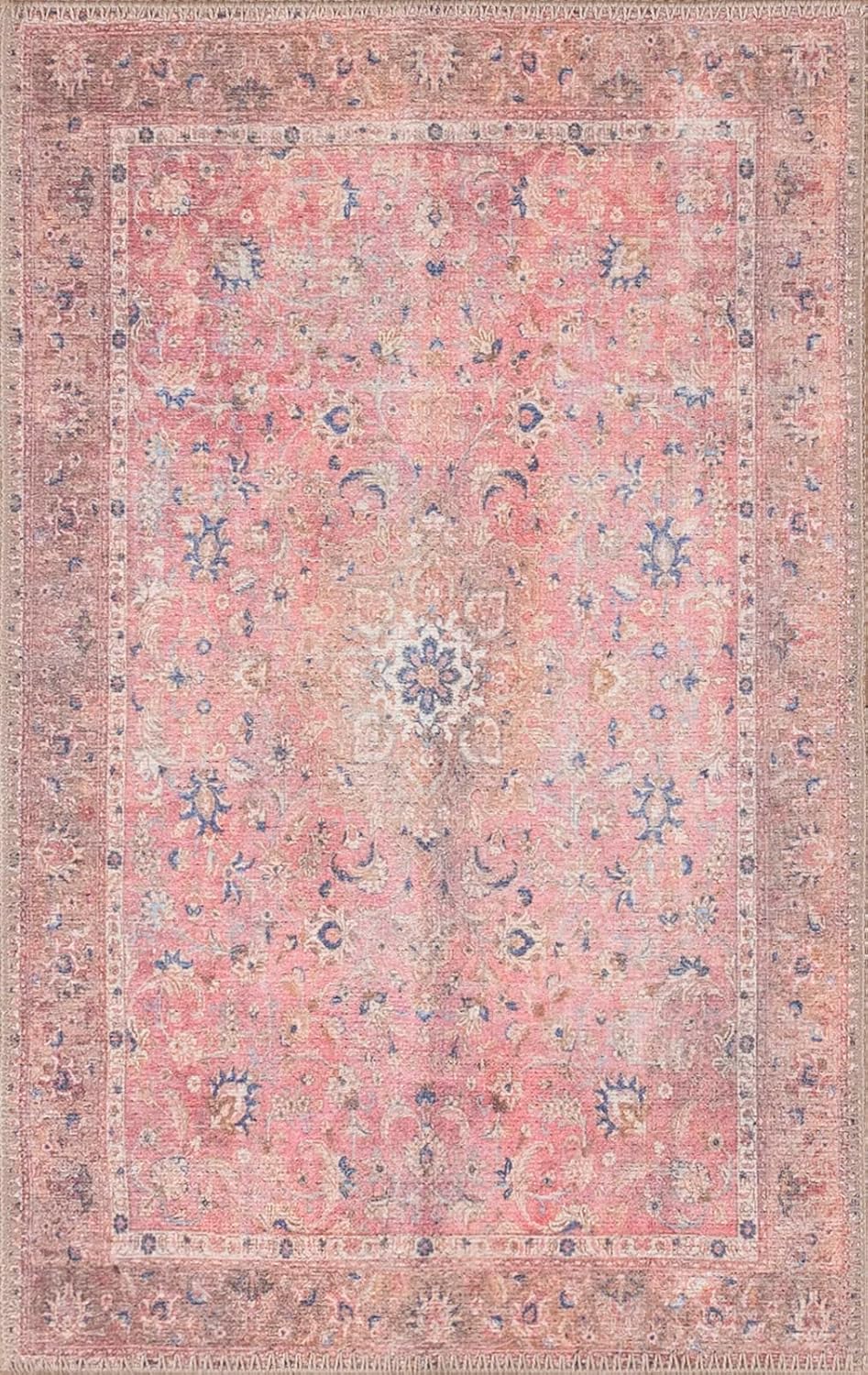 Washable Vintage Accent Rug 3x5, Non-Slip Pink Entryway Area Rug