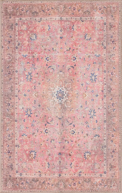 Washable Vintage Accent Rug 3x5, Non-Slip Pink Entryway Area Rug