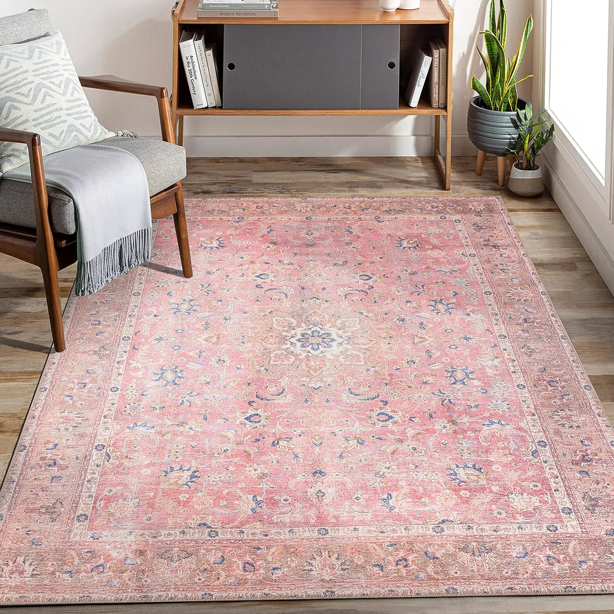 Washable Vintage Accent Rug 3x5, Non-Slip Pink Entryway Area Rug