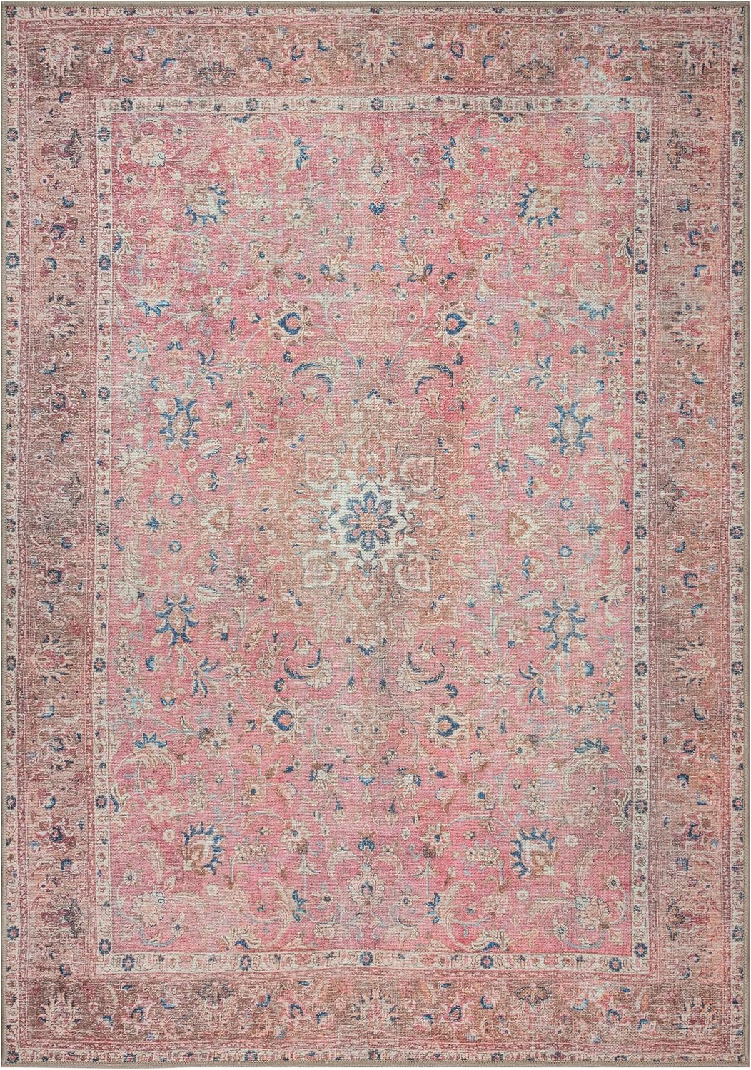Washable Vintage Accent Rug 3x5, Non-Slip Pink Entryway Area Rug
