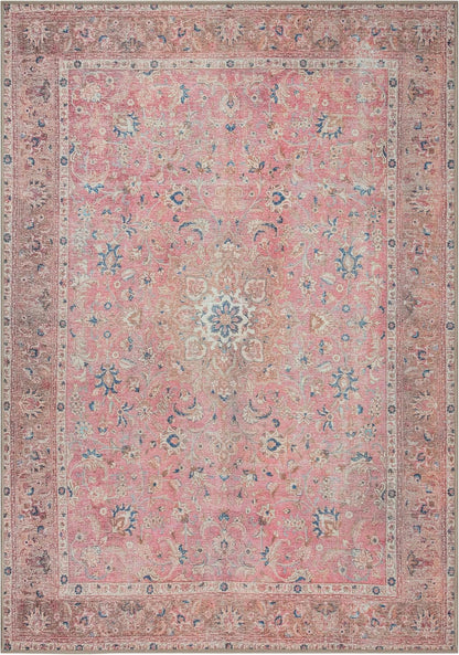 Washable Vintage Accent Rug 3x5, Non-Slip Pink Entryway Area Rug