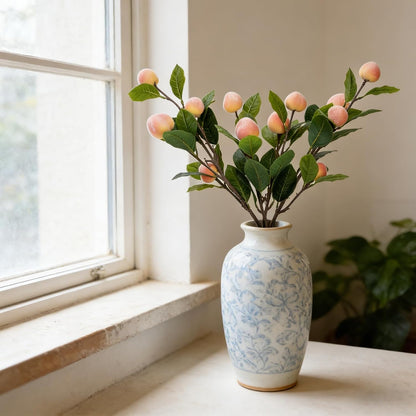 2 PCS 25.6inch Artificial Peach Branches Fake Peach Stems with Green Leaves Faux Fruit Stems for Kitchen Home Wedding Party Farmhouse Garden Table Centerpiece Vase Decor