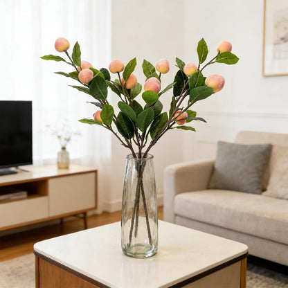 2 PCS 25.6inch Artificial Peach Branches Fake Peach Stems with Green Leaves Faux Fruit Stems for Kitchen Home Wedding Party Farmhouse Garden Table Centerpiece Vase Decor