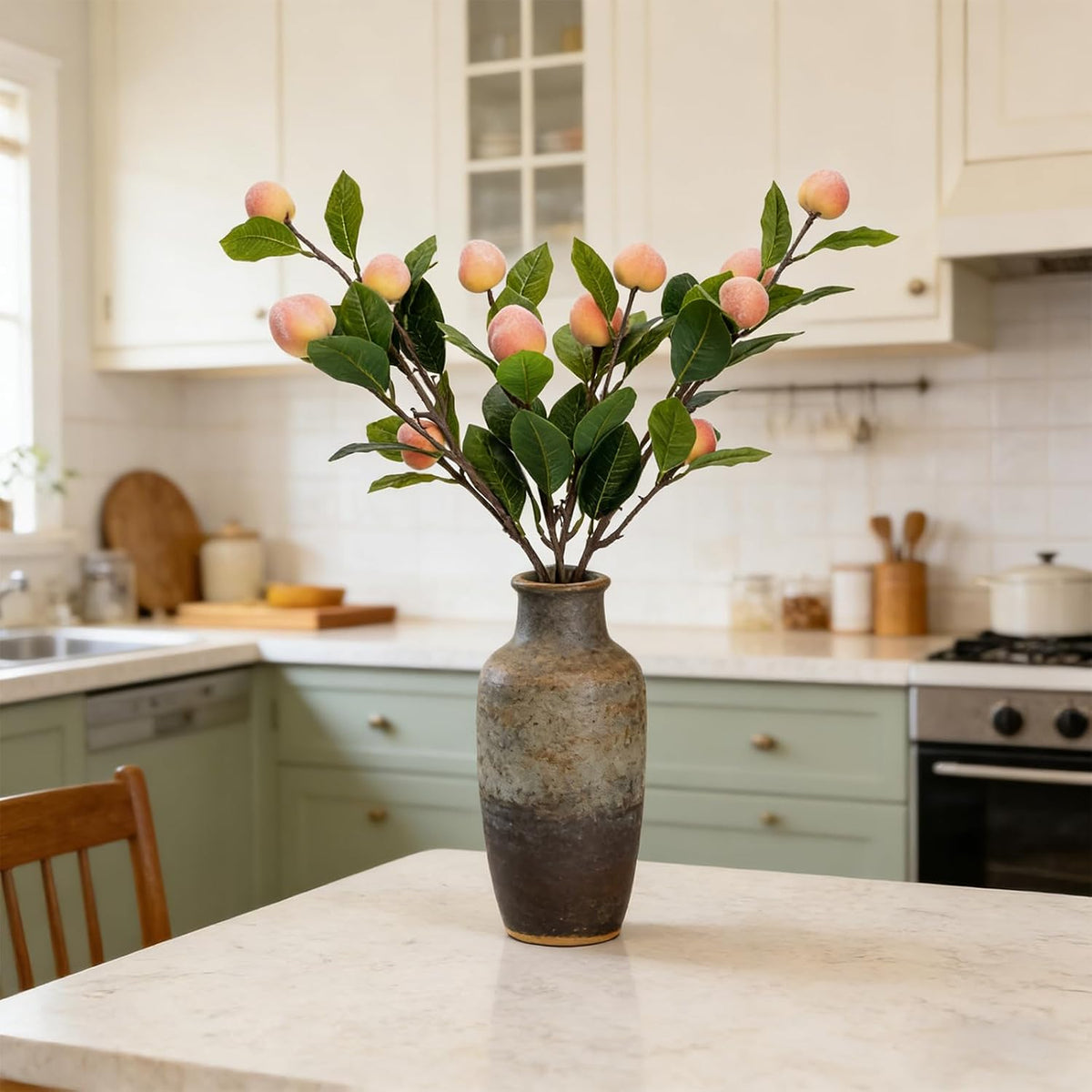 2 PCS 25.6inch Artificial Peach Branches Fake Peach Stems with Green Leaves Faux Fruit Stems for Kitchen Home Wedding Party Farmhouse Garden Table Centerpiece Vase Decor