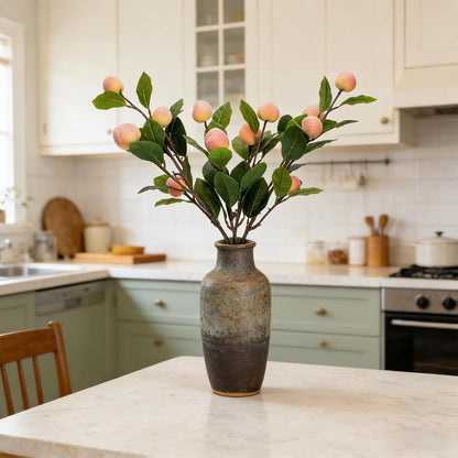 2 PCS 25.6inch Artificial Peach Branches Fake Peach Stems with Green Leaves Faux Fruit Stems for Kitchen Home Wedding Party Farmhouse Garden Table Centerpiece Vase Decor