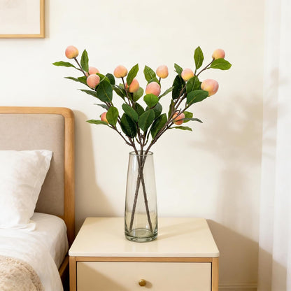 2 PCS 25.6inch Artificial Peach Branches Fake Peach Stems with Green Leaves Faux Fruit Stems for Kitchen Home Wedding Party Farmhouse Garden Table Centerpiece Vase Decor