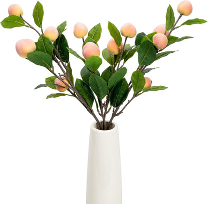 2 PCS 25.6inch Artificial Peach Branches Fake Peach Stems with Green Leaves Faux Fruit Stems for Kitchen Home Wedding Party Farmhouse Garden Table Centerpiece Vase Decor