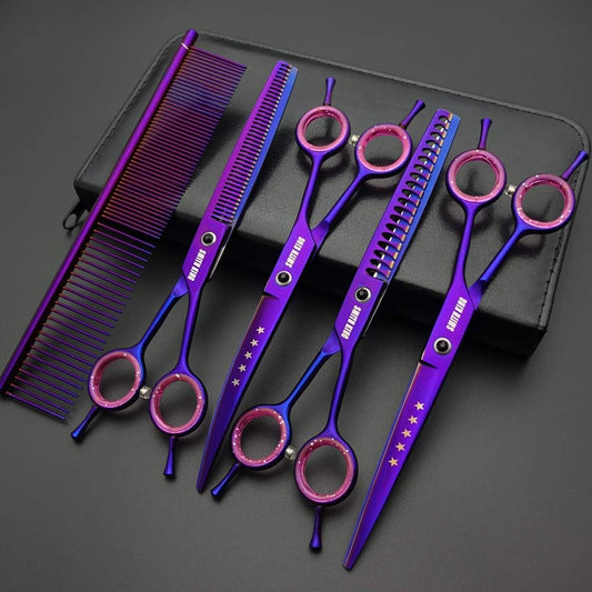 7.0 inches Professional Dog Grooming Scissors Set Straight & thinning & Curved & chunkers & comb 5pcs in 1 Set for left-handed & right handed