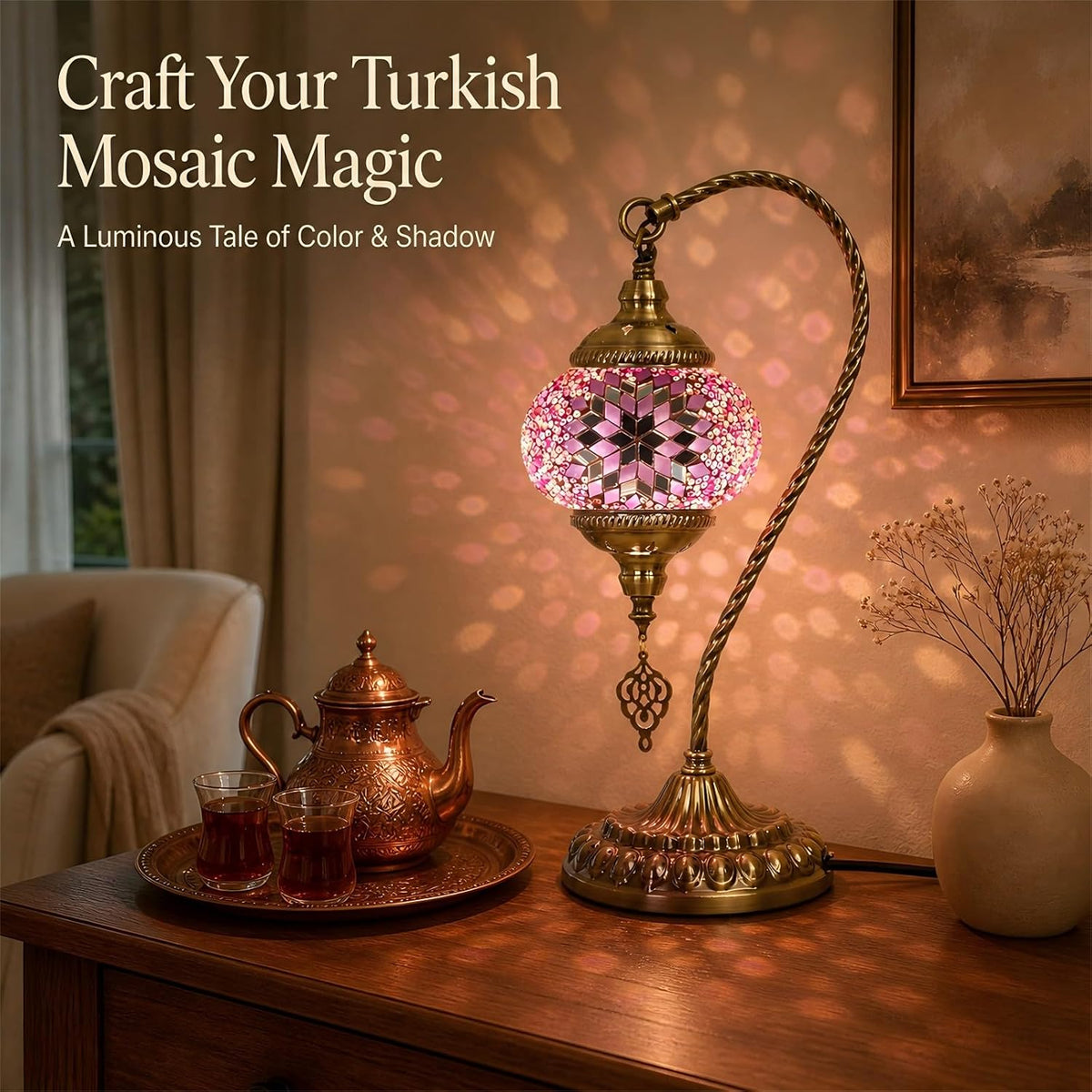 DIY Turkish Mosaic Lamp Kit, 5.2" D Swan-Neck Lamp Making Kit, Pink