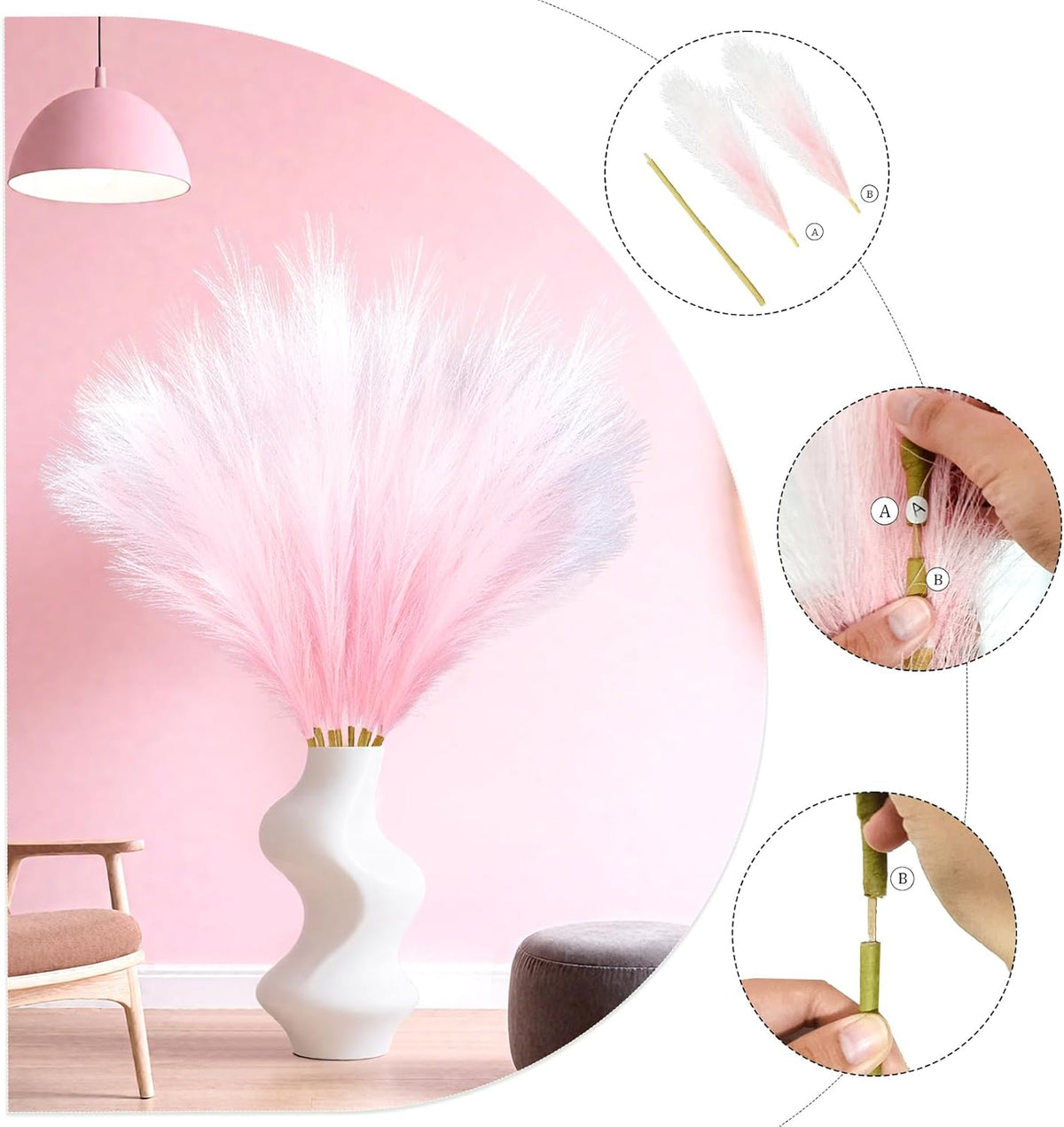 Faux Pampas Grass, 8 Pcs 35.4" Tall Pampas Grass Floor Vase Decor, Pink