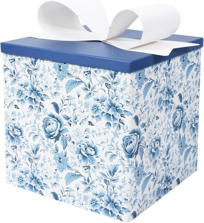 BIOBROWN Medium Gift Boxes with Lids for Presents, 9x9x9 Inches Chinoiserie Blue White Peony Floral Design Collapsible Gift Box for Mother's Day, Bridal Shower, Wedding, Birthday, Valentine's Day