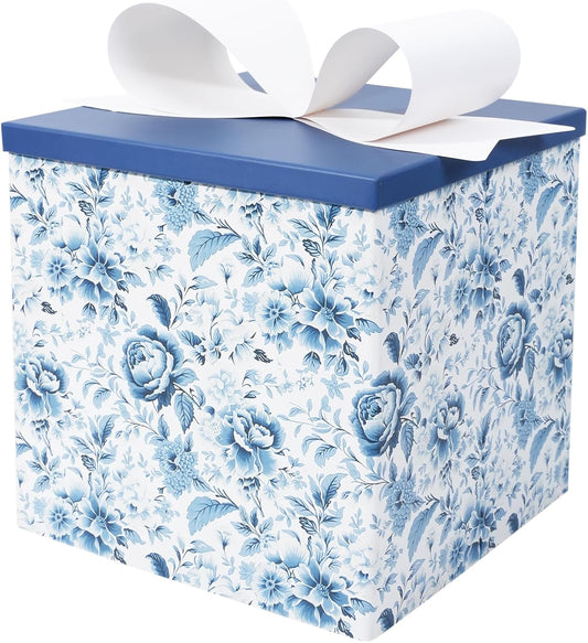 BIOBROWN Medium Gift Boxes with Lids for Presents, 9x9x9 Inches Chinoiserie Blue White Peony Floral Design Collapsible Gift Box for Mother's Day, Bridal Shower, Wedding, Birthday, Valentine's Day