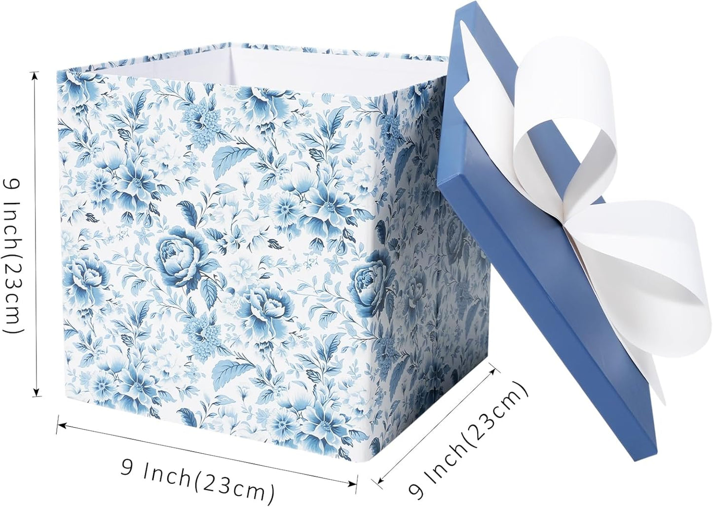 BIOBROWN Medium Gift Boxes with Lids for Presents, 9x9x9 Inches Chinoiserie Blue White Peony Floral Design Collapsible Gift Box for Mother's Day, Bridal Shower, Wedding, Birthday, Valentine's Day