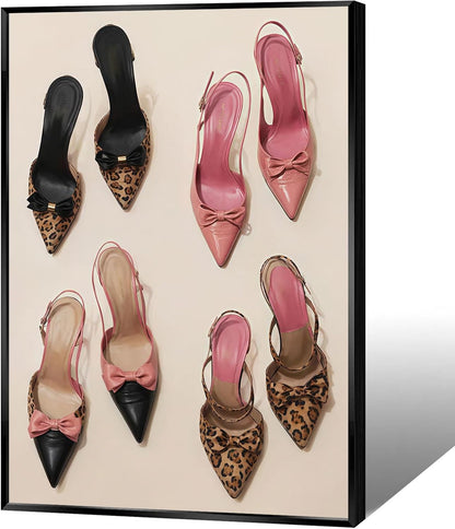Pink Bow Leopard Heels Canvas Wall Art Funky Heel Leopard Posters Coquettish Preppy Girly Pink Aesthetic Prints Painting For Living Room Bedroom Dorm Apartment Wall Decor 12x16in Unframed