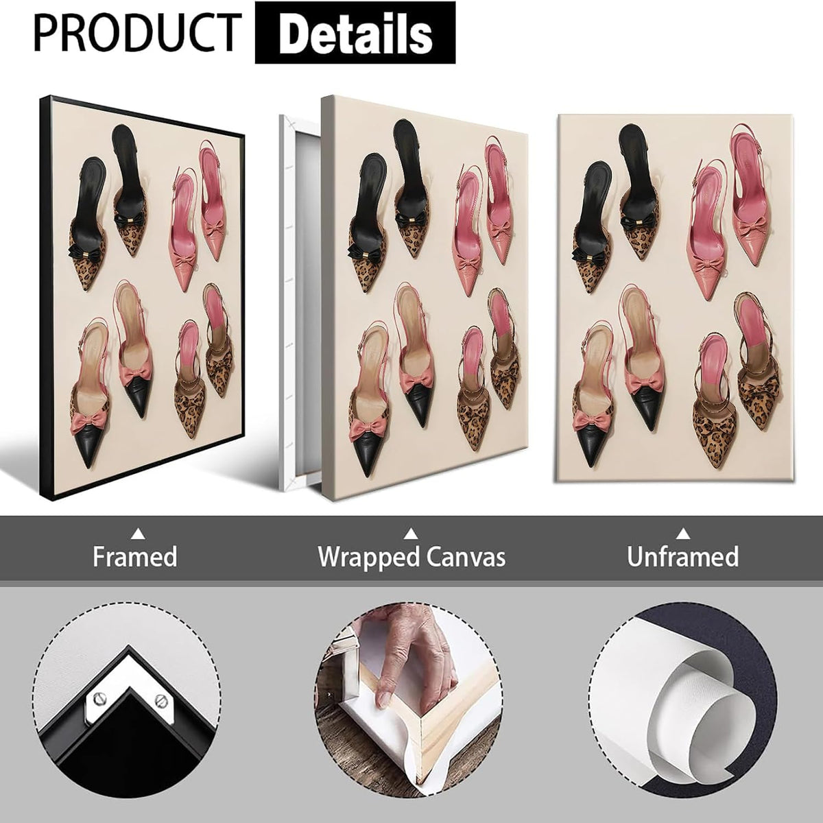 Pink Bow Leopard Heels Canvas Wall Art Funky Heel Leopard Posters Coquettish Preppy Girly Pink Aesthetic Prints Painting For Living Room Bedroom Dorm Apartment Wall Decor 12x16in Unframed