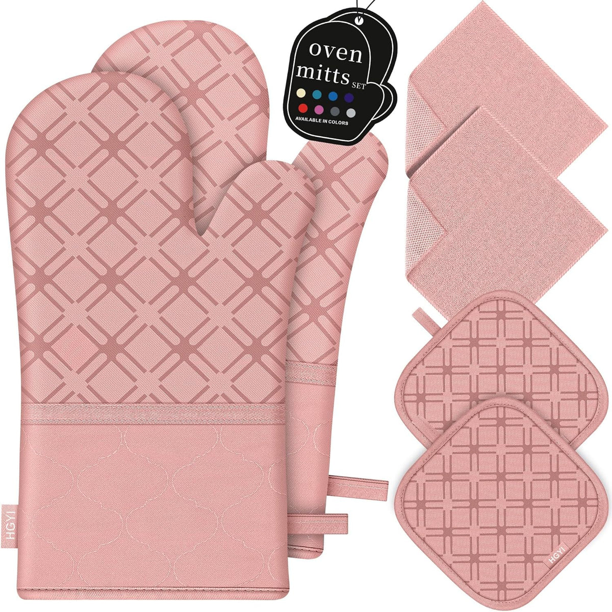 Oven Mitts and Pot Holders Set with Dishcloths, 500 Degree Heat Resistant Oven Gloves and Hot Pads, Premium Soft Cotton Kitchen Mittens and Dish Cloth Sets-Pink