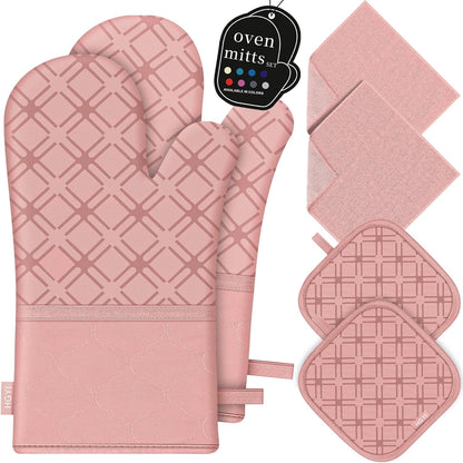 Oven Mitts and Pot Holders Set with Dishcloths, 500 Degree Heat Resistant Oven Gloves and Hot Pads, Premium Soft Cotton Kitchen Mittens and Dish Cloth Sets-Pink
