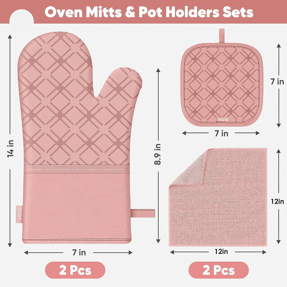 Oven Mitts and Pot Holders Set with Dishcloths, 500 Degree Heat Resistant Oven Gloves and Hot Pads, Premium Soft Cotton Kitchen Mittens and Dish Cloth Sets-Pink