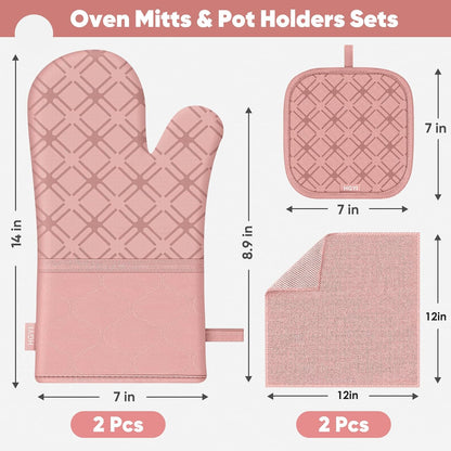 Oven Mitts and Pot Holders Set with Dishcloths, 500 Degree Heat Resistant Oven Gloves and Hot Pads, Premium Soft Cotton Kitchen Mittens and Dish Cloth Sets-Pink
