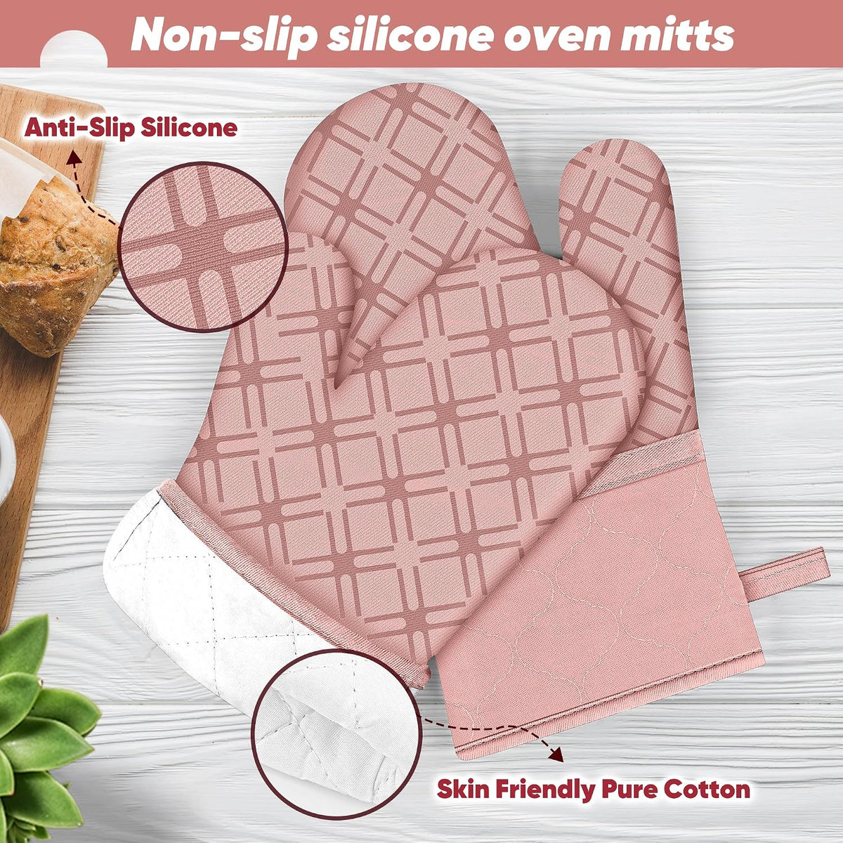 Oven Mitts and Pot Holders Set with Dishcloths, 500 Degree Heat Resistant Oven Gloves and Hot Pads, Premium Soft Cotton Kitchen Mittens and Dish Cloth Sets-Pink