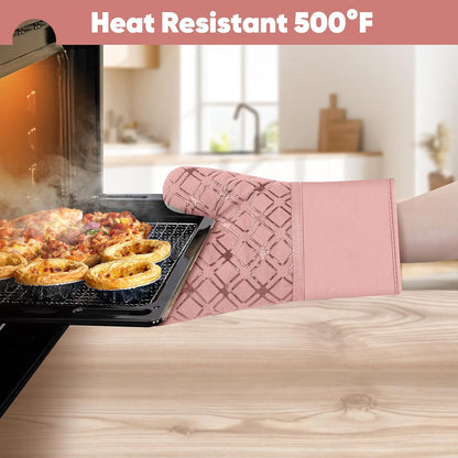 Oven Mitts and Pot Holders Set with Dishcloths, 500 Degree Heat Resistant Oven Gloves and Hot Pads, Premium Soft Cotton Kitchen Mittens and Dish Cloth Sets-Pink
