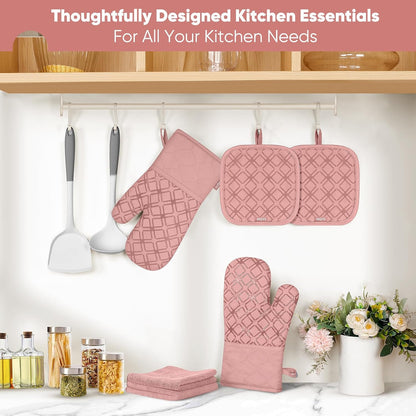 Oven Mitts and Pot Holders Set with Dishcloths, 500 Degree Heat Resistant Oven Gloves and Hot Pads, Premium Soft Cotton Kitchen Mittens and Dish Cloth Sets-Pink