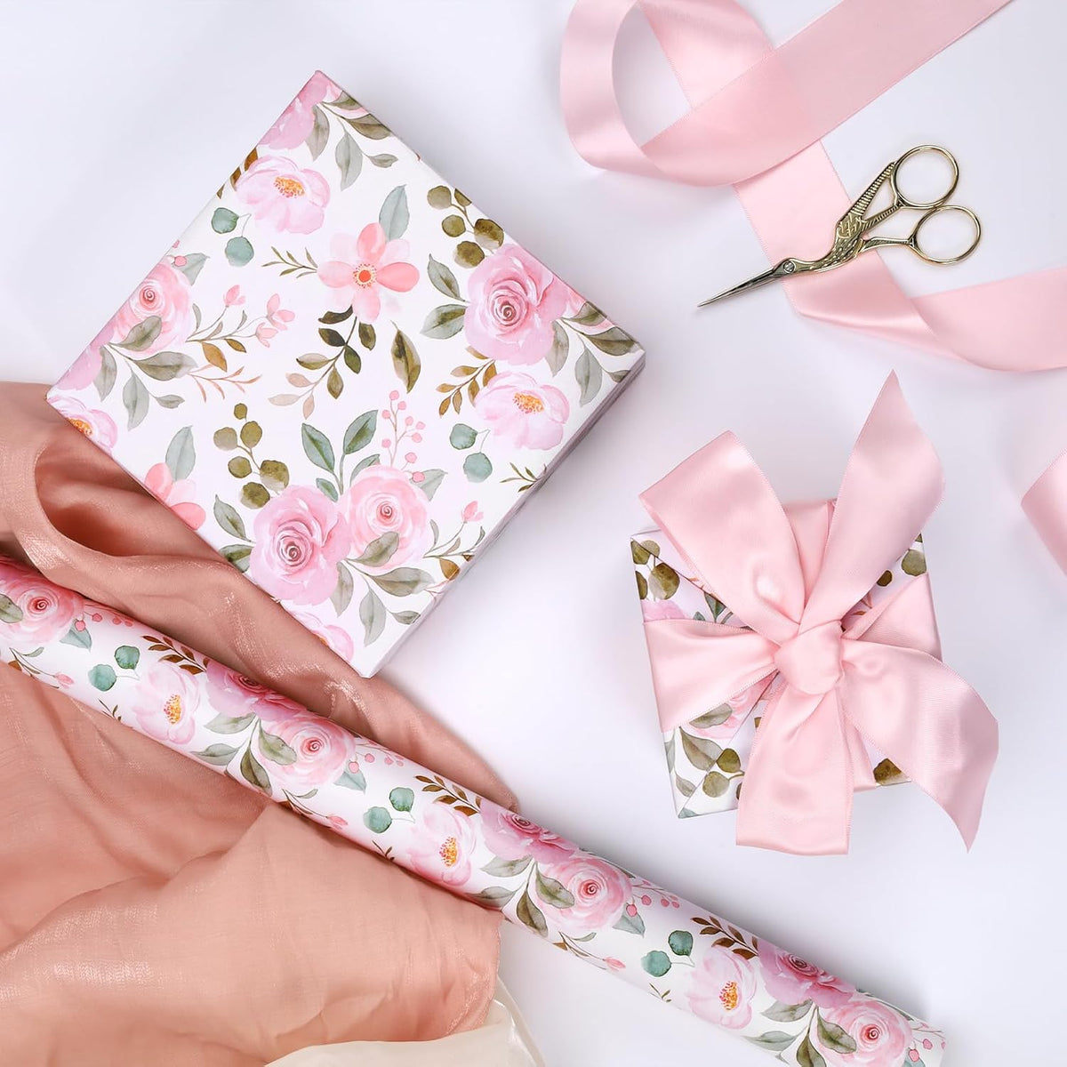 Floral Wrapping Paper Pink Roses Design for Bridal Shower, Wedding