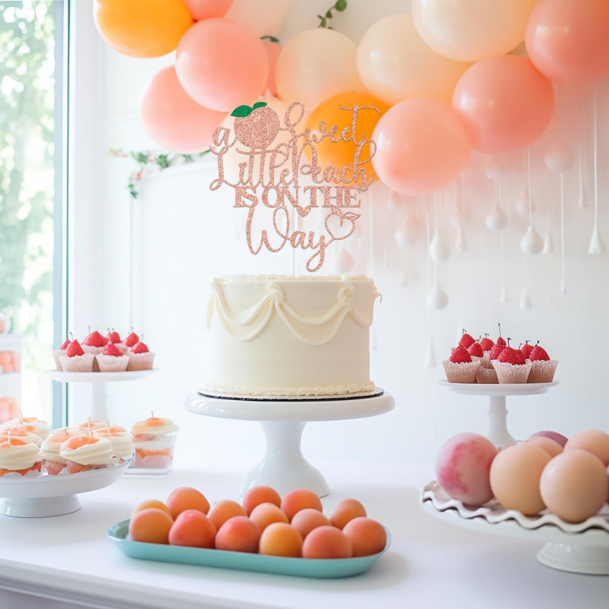 Rose Gold Glitter A Sweet Little Peach is on the Way Cake Topper, Welcome Peach/Sweet Little Peach, Funny Fruit Peach Themed Baby Shower Party Decorations Supplies