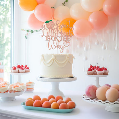Rose Gold Glitter A Sweet Little Peach is on the Way Cake Topper, Welcome Peach/Sweet Little Peach, Funny Fruit Peach Themed Baby Shower Party Decorations Supplies
