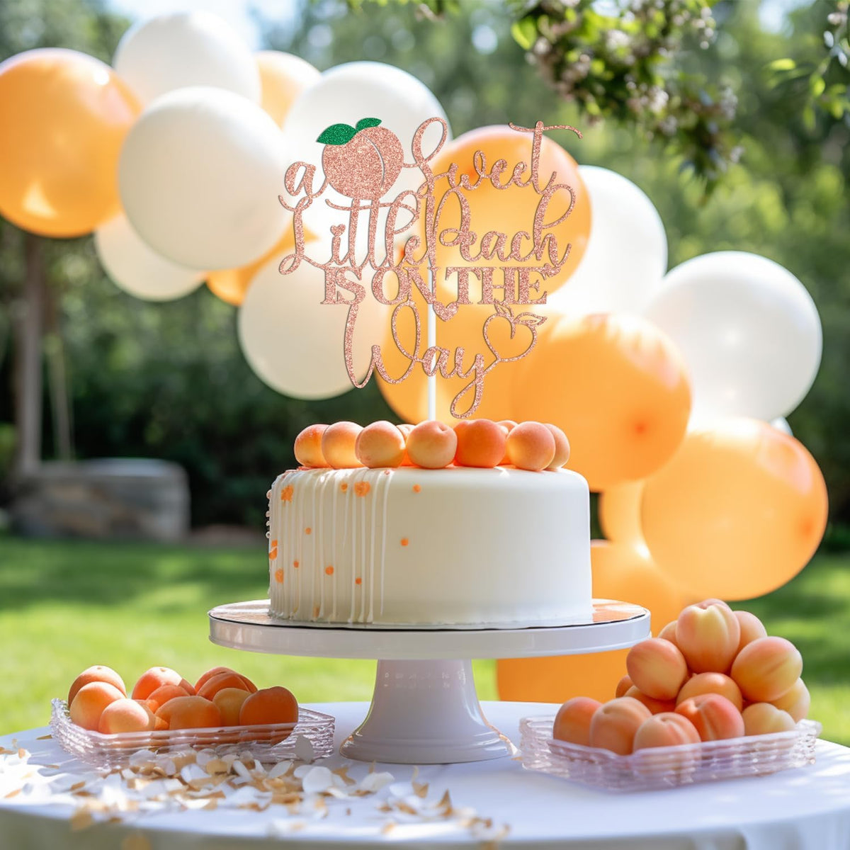 Rose Gold Glitter A Sweet Little Peach is on the Way Cake Topper, Welcome Peach/Sweet Little Peach, Funny Fruit Peach Themed Baby Shower Party Decorations Supplies