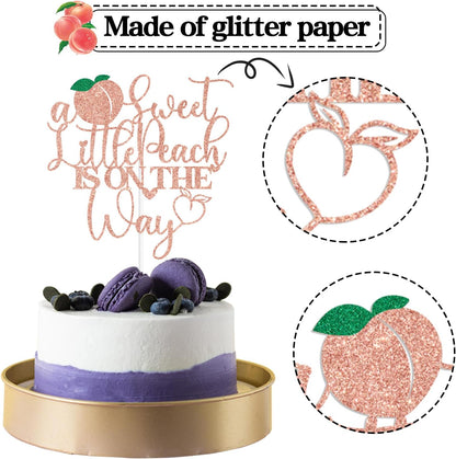 Rose Gold Glitter A Sweet Little Peach is on the Way Cake Topper, Welcome Peach/Sweet Little Peach, Funny Fruit Peach Themed Baby Shower Party Decorations Supplies