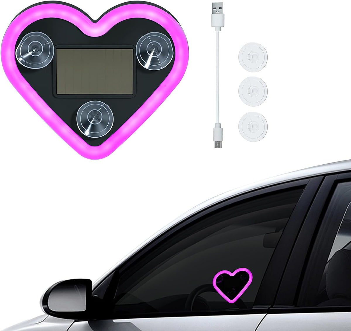 Car LED Ambient Light, Rechargeable Solar-Powered Heart-Shaped LED Light, 6 Lighting Modes, Romantic Car, Outdoor Decor, Ideal Gift for Couples, Women, Men - Pink (1 Pcs)