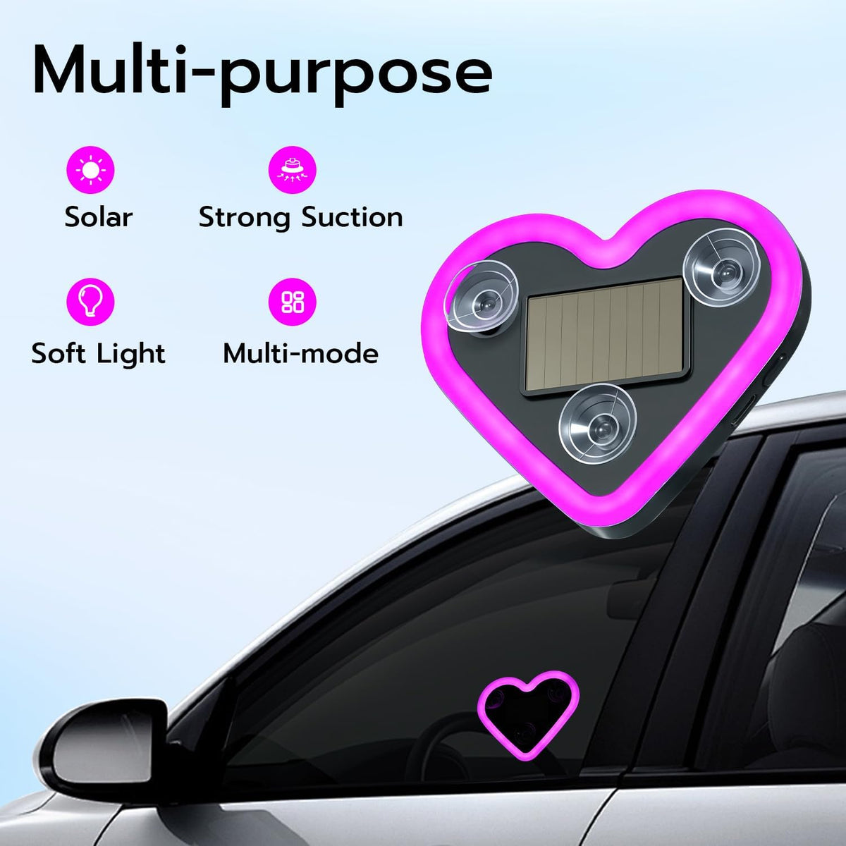 Car LED Ambient Light, Rechargeable Solar-Powered Heart-Shaped LED Light, 6 Lighting Modes, Romantic Car, Outdoor Decor, Ideal Gift for Couples, Women, Men - Pink (1 Pcs)