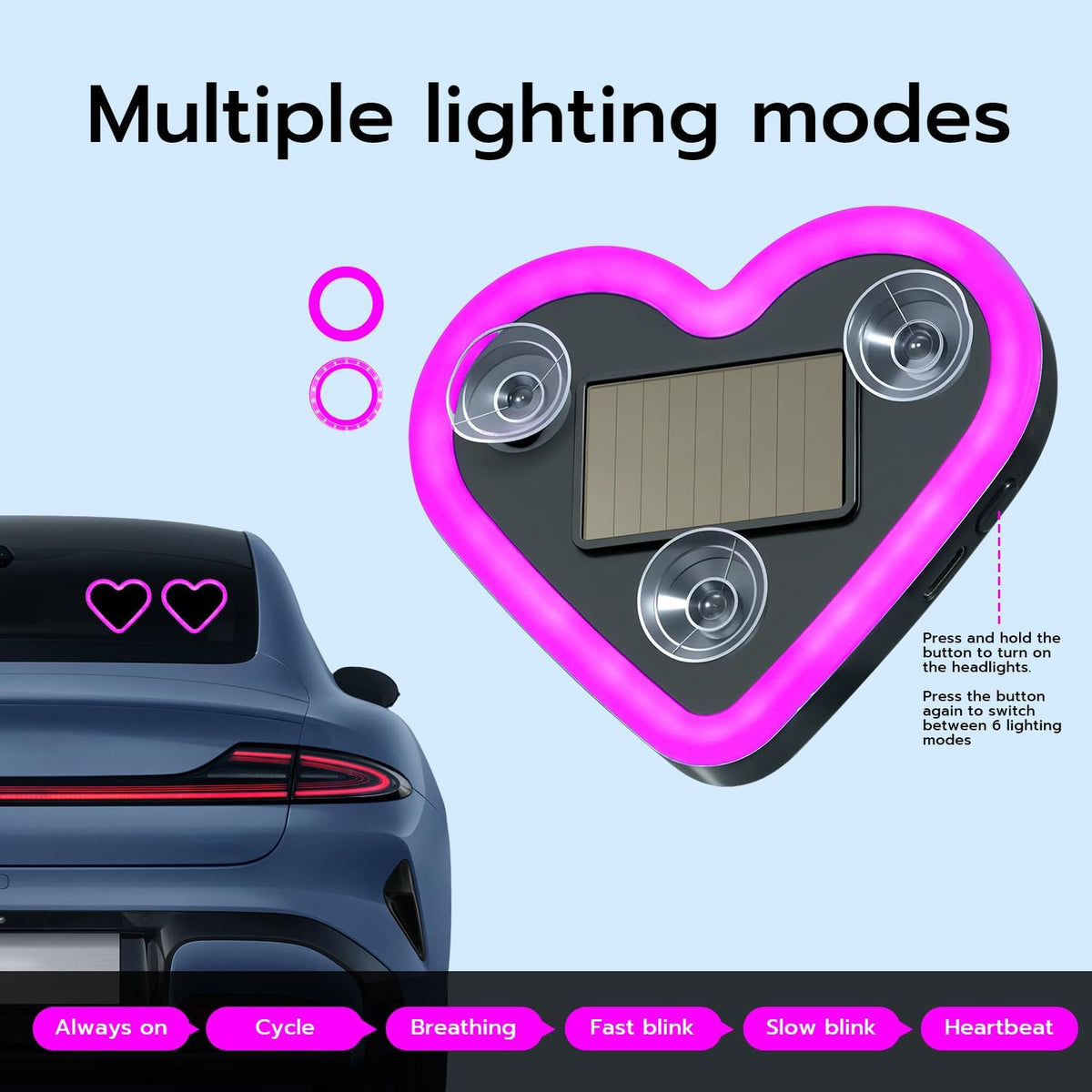 Car LED Ambient Light, Rechargeable Solar-Powered Heart-Shaped LED Light, 6 Lighting Modes, Romantic Car, Outdoor Decor, Ideal Gift for Couples, Women, Men - Pink (1 Pcs)